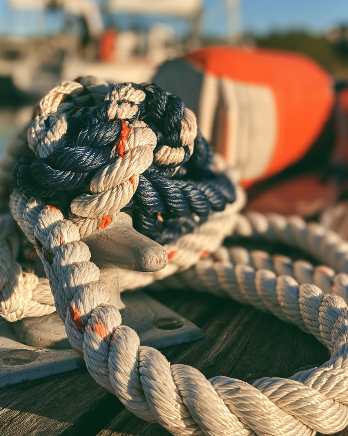 Mooring lines coiled on a pontoon cleat
